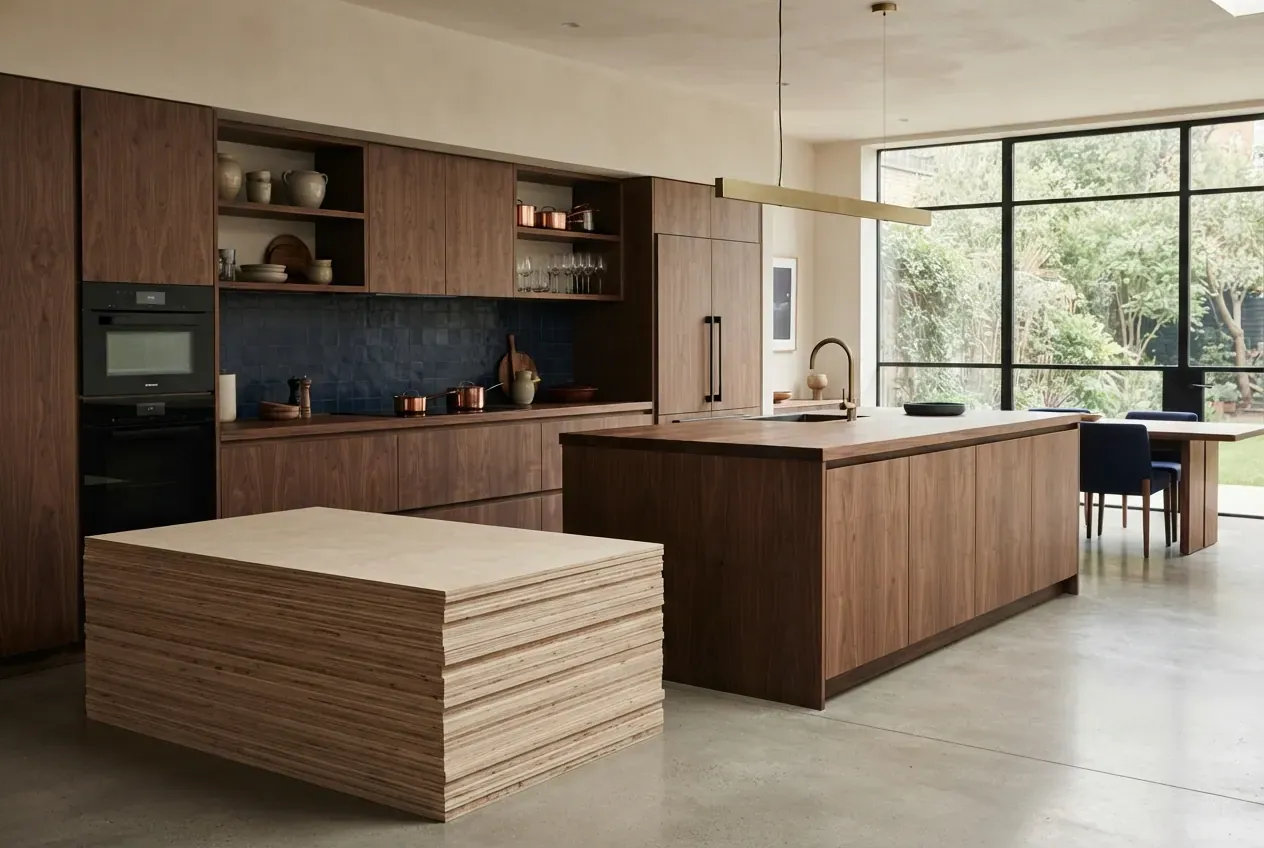 Stacked laminated plywood panels in a warm interior